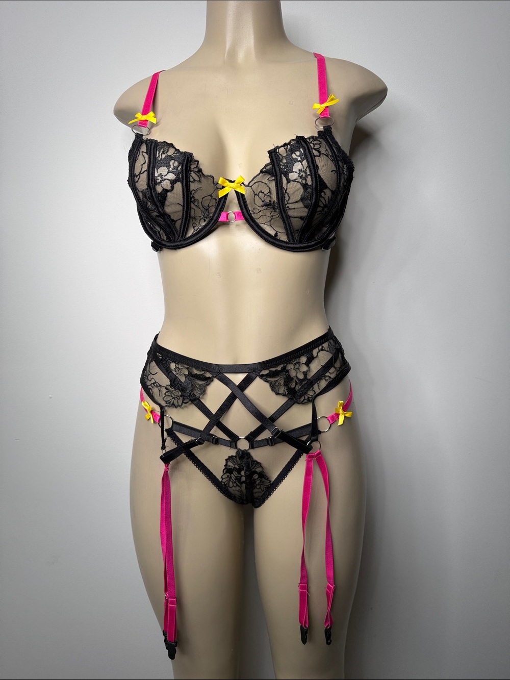 Black Lace & Hot Pink Strappy Lingerie Set with Yellow Accents
